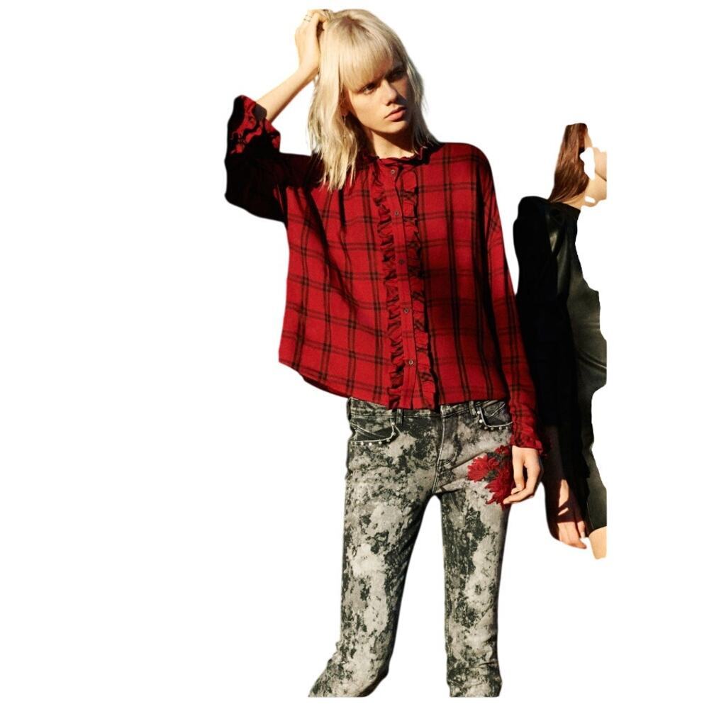 NWT Zara Crop Ruffle Red Black Plaid Tartan Blouse -  S